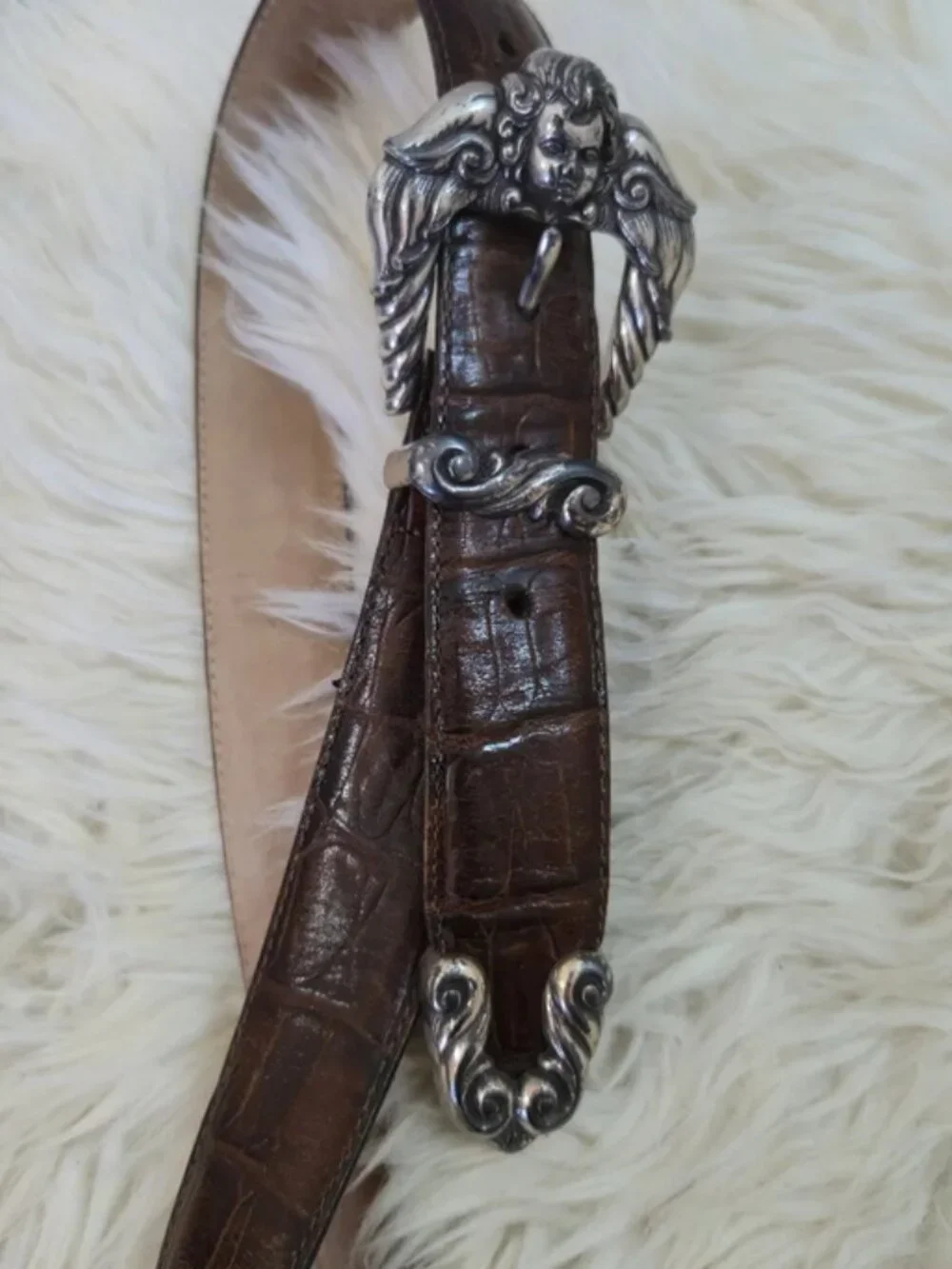 Vintage Brighton Brown Embossed Leather Belt Angel Cherub Silver Buckle 1995
